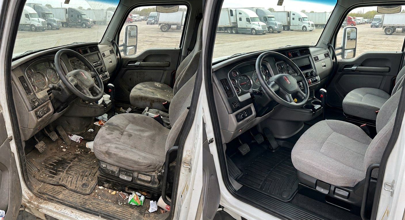 Day cab interior before and after detailing — road grime and trash removed, seats and carpet fully cleaned