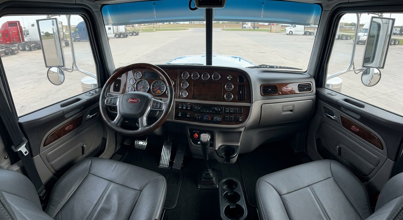 Detailed sleeper cab interior with clean leather seats and dashboard